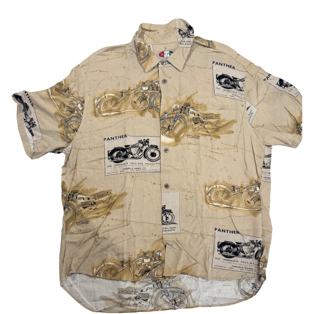 Jams World Mens Norton Panther Motorcycle Shirt XL Brown Hawaiian Casual Biker